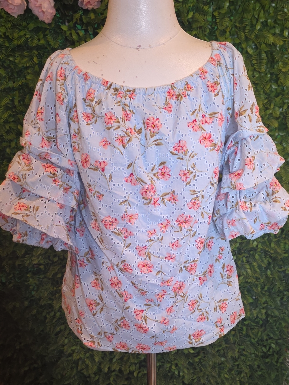 CeCe Light Blue Floral Eyelet Ruffle Sleeve Blouse